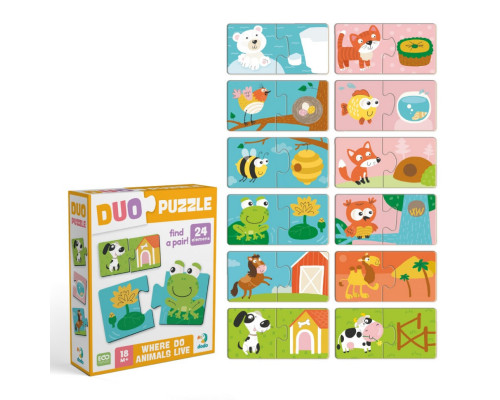Детский пазл "ДУО-Зверушки и их дома" 300690, 24 элемента