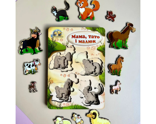 Дерев'яний пазл-вкладиш "Сім'я-домашні тварини" Ubumblebees (ПСД077) PSD077 більше-менше