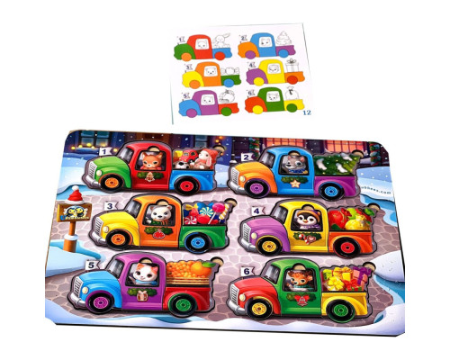 Деревянная игра с карточками "Животные на машинках" Ubumblebees (ПСФ132) PSF132, 42 детали и 12 карт
