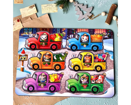 Деревянная игра с карточками "Животные на машинках" Ubumblebees (ПСФ132) PSF132, 42 детали и 12 карт