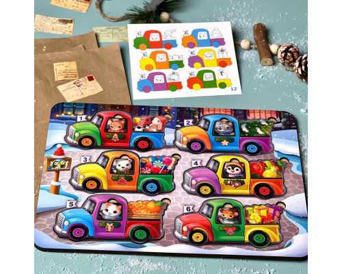 Деревянная игра с карточками "Животные на машинках" Ubumblebees (ПСФ132) PSF132, 42 детали и 12 карт