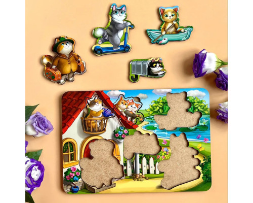 Деревянный пазл-вкладыш "Котики - 1" Ubumblebees (ПСД140) PSD140 с домиком