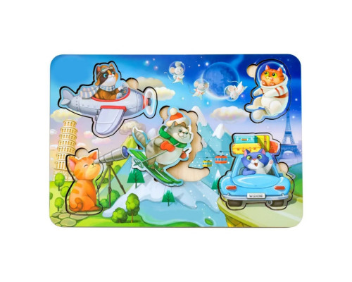 Деревянный пазл-вкладыш "Котики - 2" Ubumblebees (ПСД143) PSD143 с космонавтом