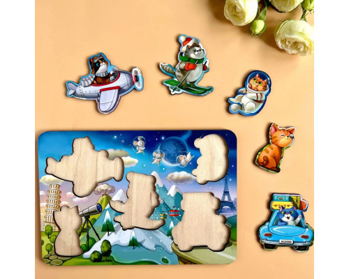 Деревянный пазл-вкладыш "Котики - 2" Ubumblebees (ПСД143) PSD143 с космонавтом