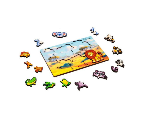 Деревянный пазл-вкладыш "Умный мир: Дикие животные" Puz-88750 А5, 18 элементов