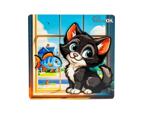Деревянный пазл-вкладыш "Любознательный котик" Puz-88751 А6, 4 элемента