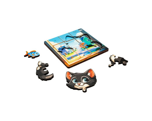 Деревянный пазл-вкладыш "Любознательный котик" Puz-88751 А6, 4 элемента