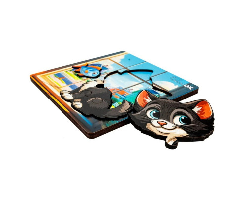 Деревянный пазл-вкладыш "Любознательный котик" Puz-88751 А6, 4 элемента