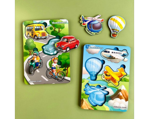 Деревянный пазл-вкладыш "Транспорт-2" Ubumblebees (ПСФ115) PSF115 фон с подсказкой